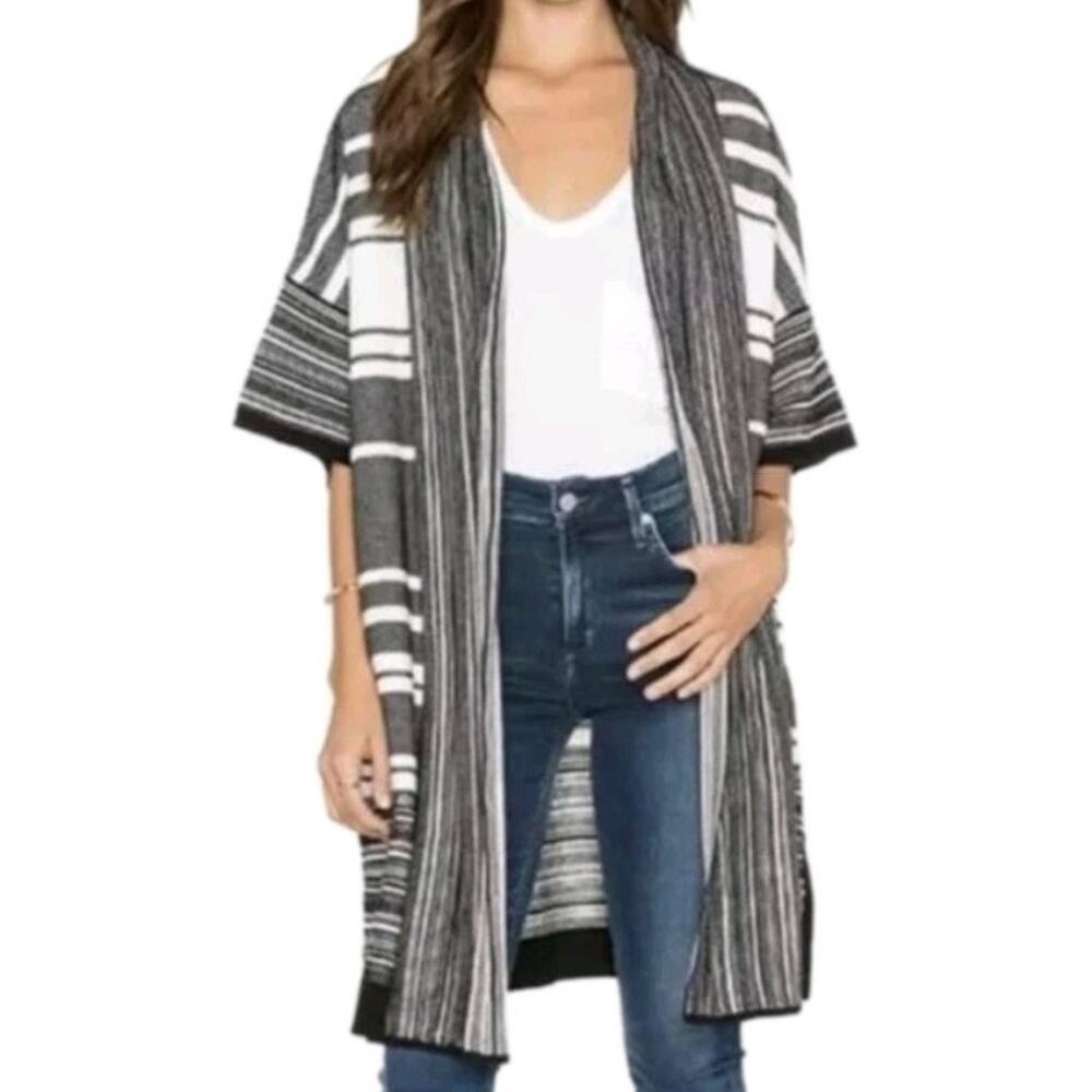 Vince Oversized Duster Cardigan S Black White Mixed Stripe Cotton Knit Kimono